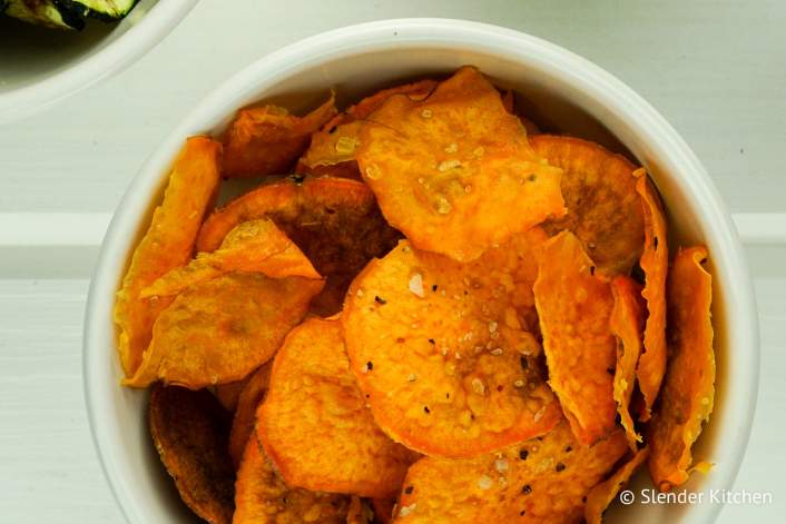 Microwave Veggie Chips made with sweet potatoes.