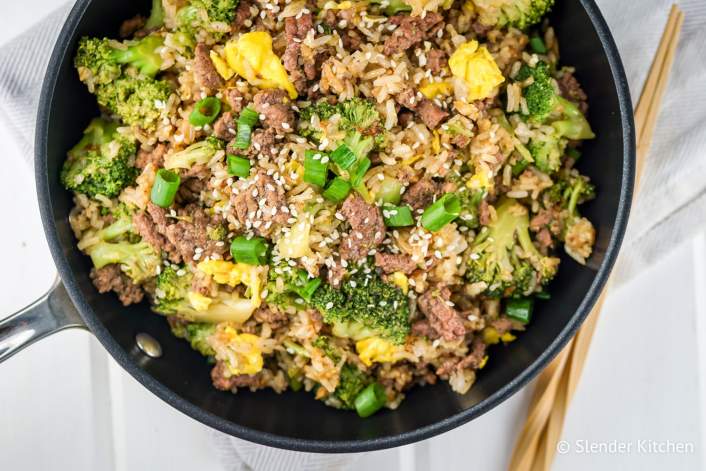 Weight Watchers Freestyle plan with a pan of beef fried rice.