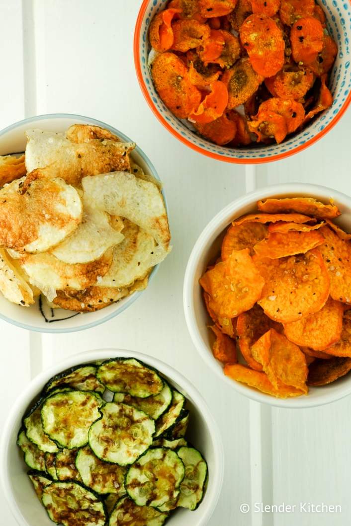 Microwave Vegetable Chips with carrots, zucchini, potato, and sweet potato.
