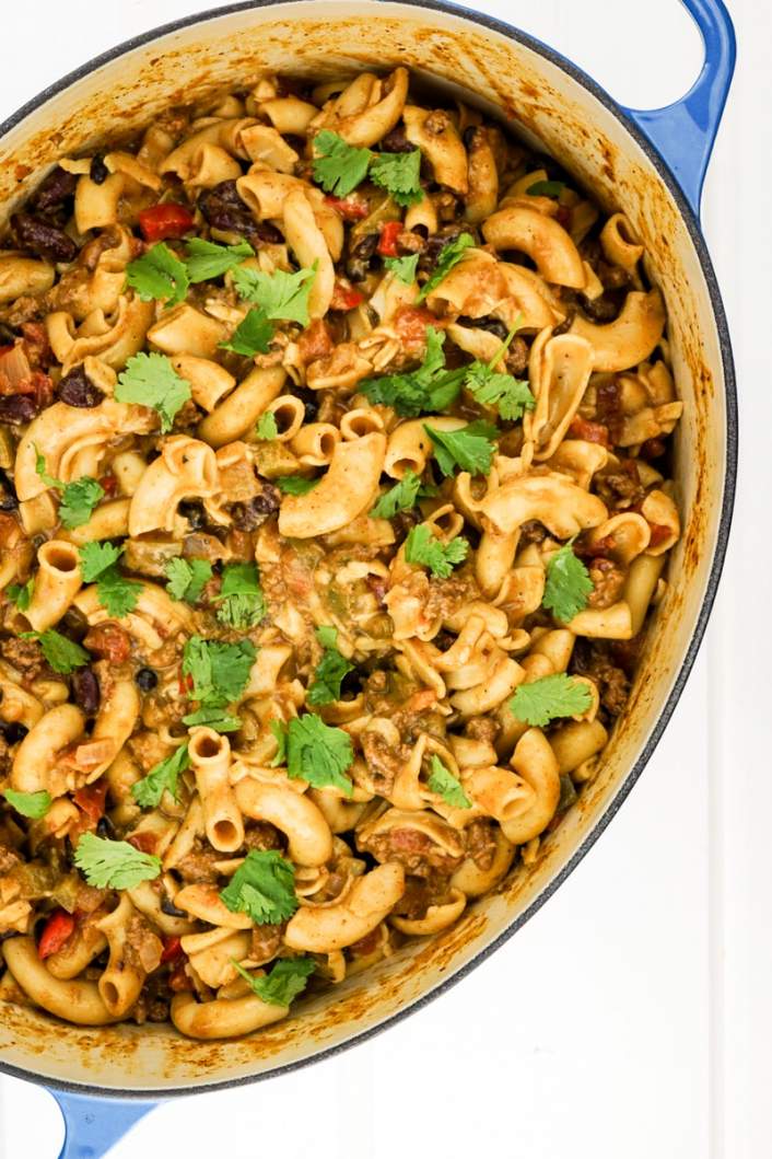 Easy One Pot Chili Mac with cilantro in a large pot.