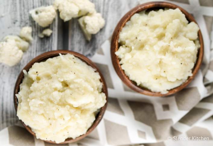 The Best Mashed Cauliflower in a wooden bowl.