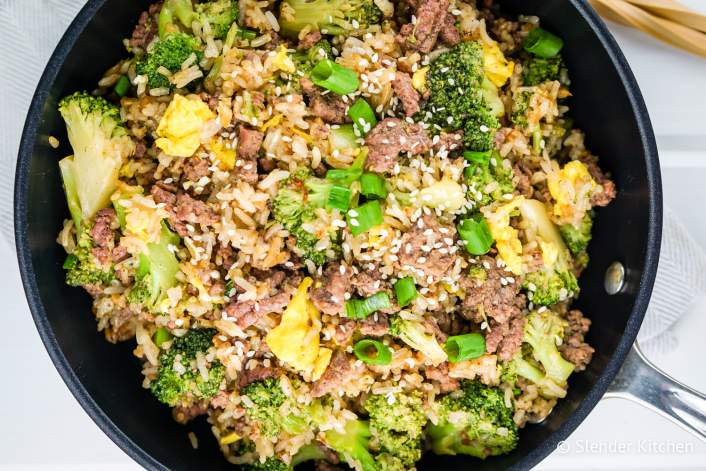 Beef and broccoli fried rice in a skillet.