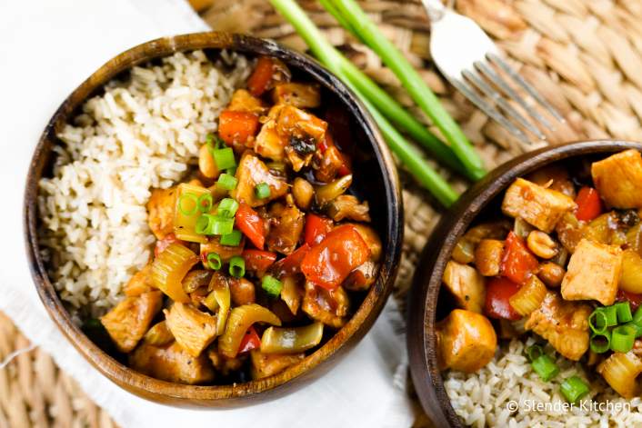 Healthy Kung Pao Chicken in a wooden bowl.