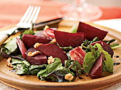 Roasted Beet and Shallot Salad over Wilted Beet Greens and Arugula