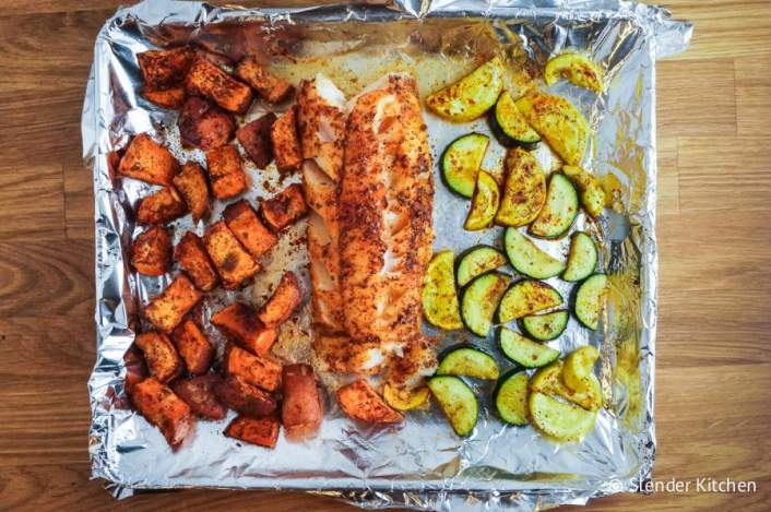 An easy and healthy sheet pan recipe with cod, sweet potatoes, and veggies.