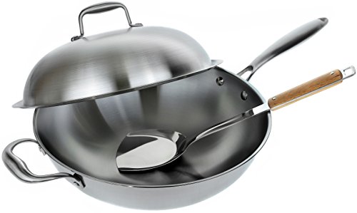 Stainless Steel Wok Pan with Lid - 13 inch Stir Fr...