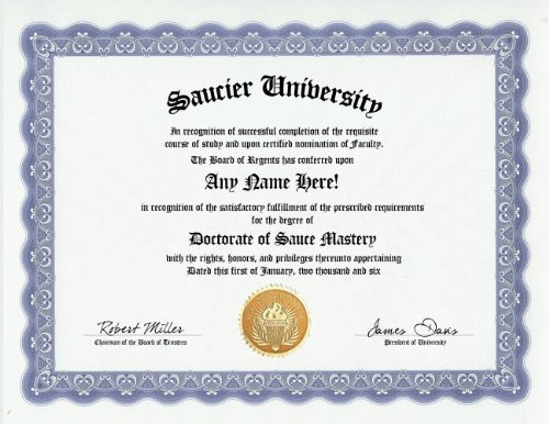Saucier Degree: Custom Gag Diploma Doctorate Certi...